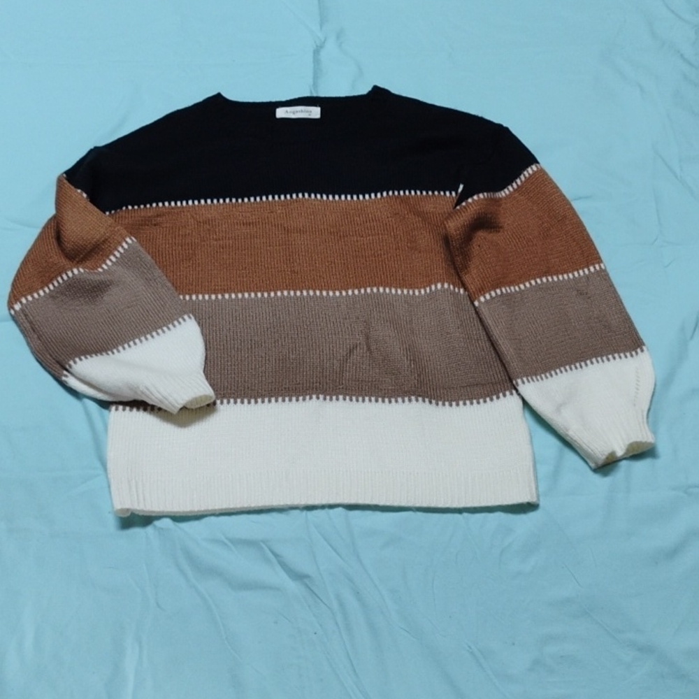 Chic Black, Brown, and Cream Striped Crewneck Sweater